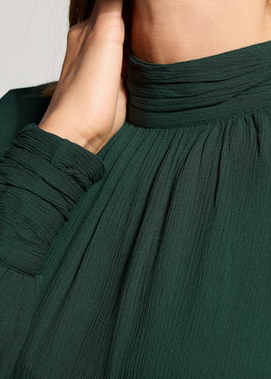Long Tall Sally Dark Green High Neck Crinkle Blouse