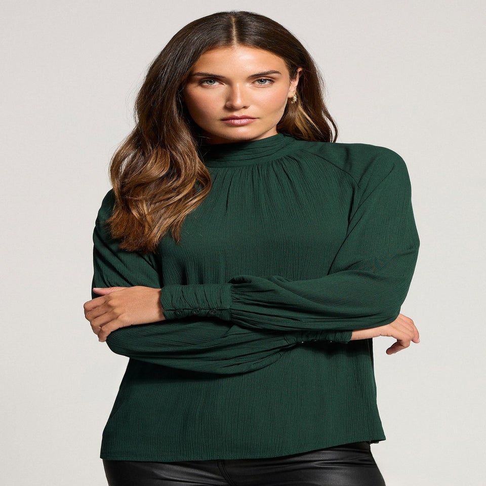 Long Tall Sally Dark Green High Neck Crinkle Blouse