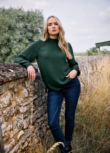 Long Tall Sally Dark Green High Neck Crinkle Blouse