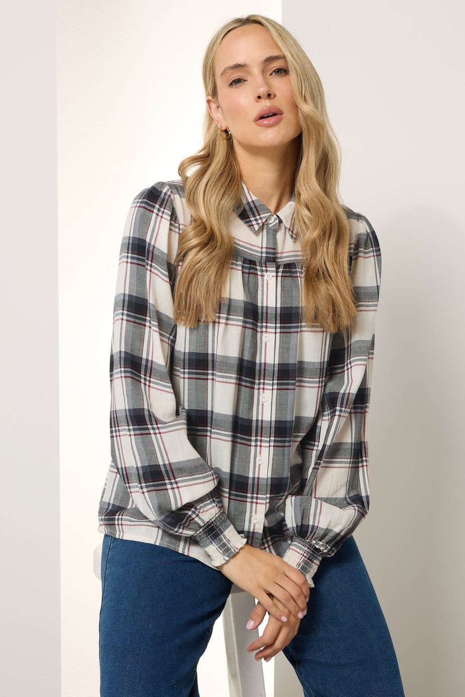 Long Tall Sally Ivory White Check Yoke Button Shirt