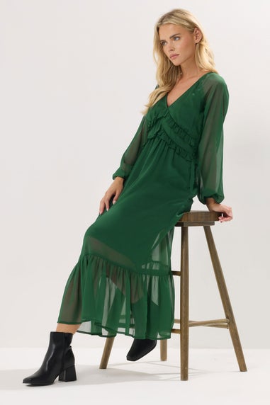 PixieGirl Petite Green Chiffon Frill Midaxi Dress