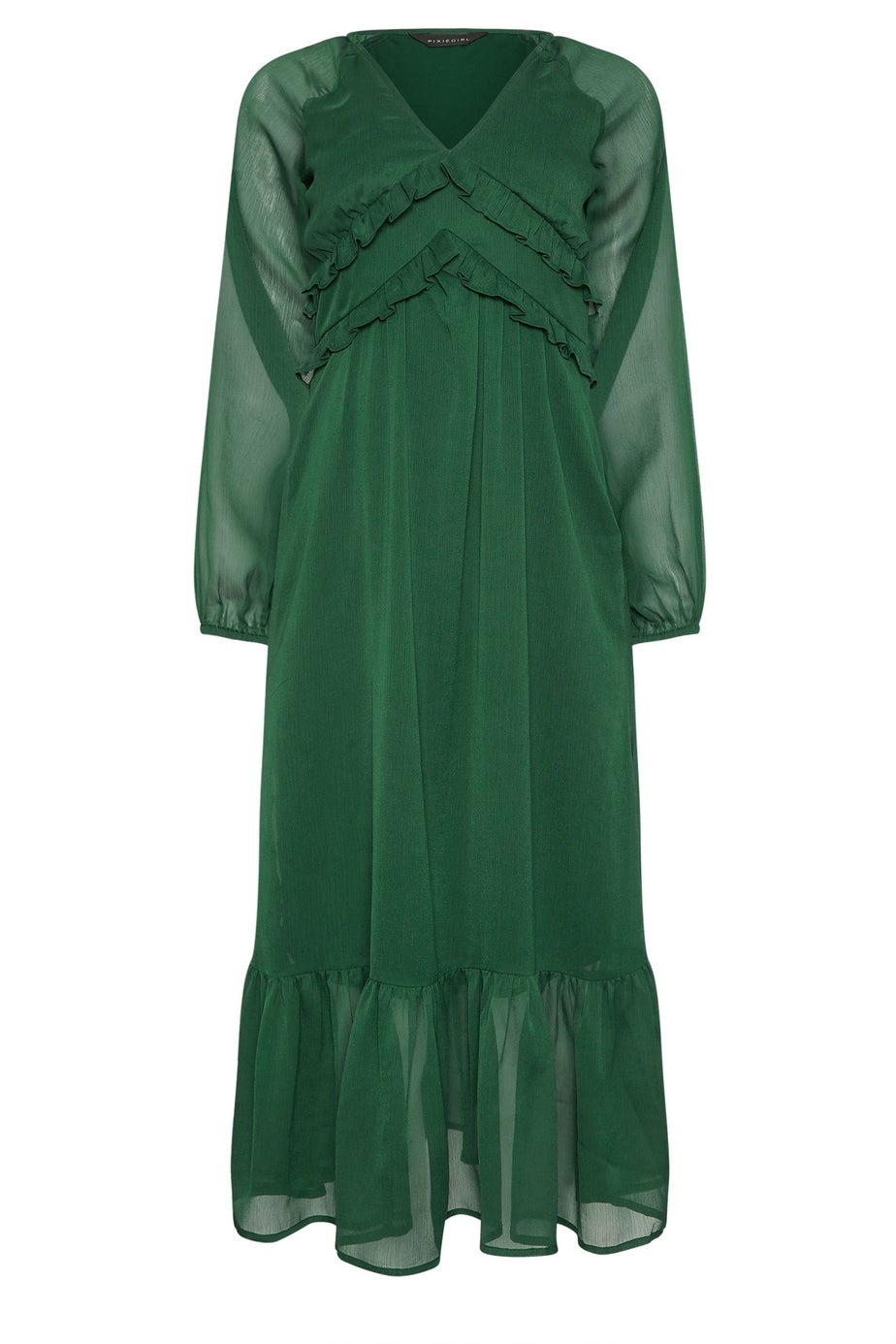 PixieGirl Petite Green Chiffon Frill Midaxi Dress