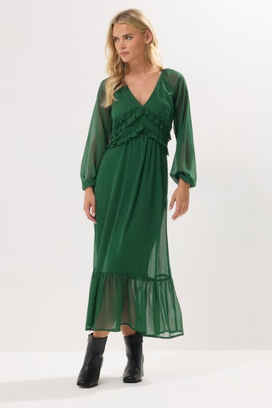 PixieGirl Petite Green Chiffon Frill Midaxi Dress