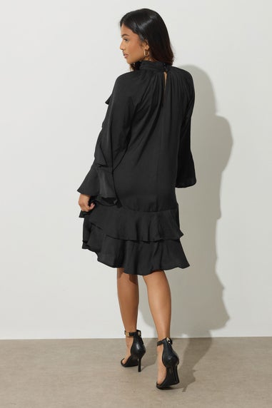 PixieGirl Petite Black Hammered Satin Frill Smock Dress
