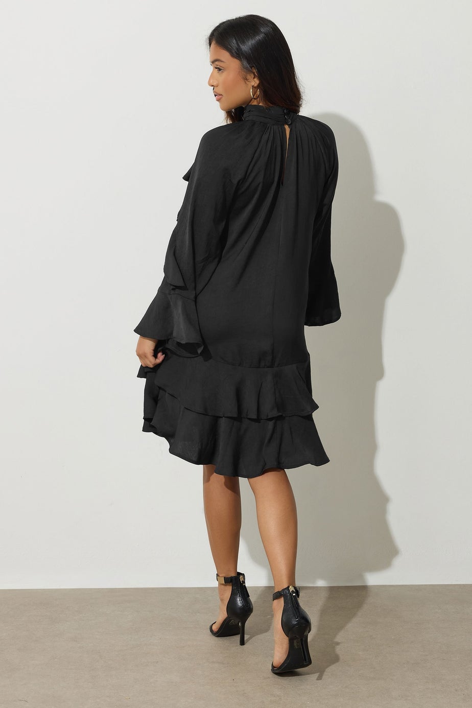 PixieGirl Petite Black Hammered Satin Frill Smock Dress