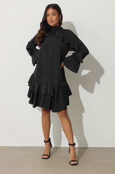 PixieGirl Petite Black Hammered Satin Frill Smock Dress