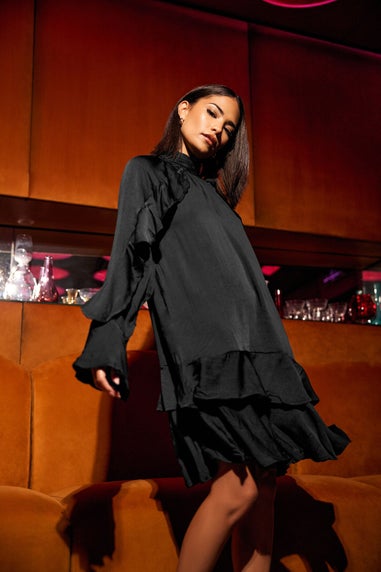 PixieGirl Petite Black Hammered Satin Frill Smock Dress