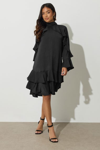 PixieGirl Petite Black Hammered Satin Frill Smock Dress