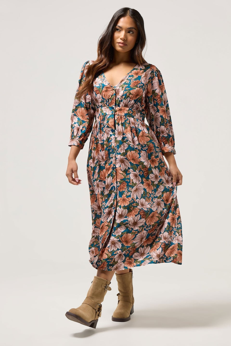 PixieGirl Petite Blue Floral Midi Tea Dress