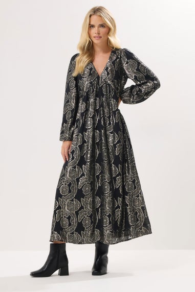 PixieGirl Petite Black Jacquard Floral Smock Dress