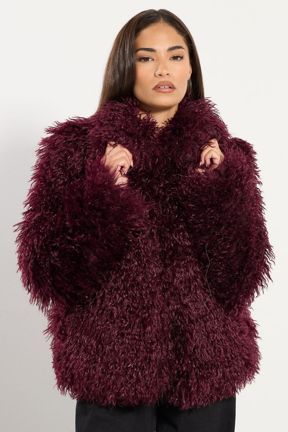 PixieGirl Petite Burgundy Red Mongolian Faux Fur Jacket