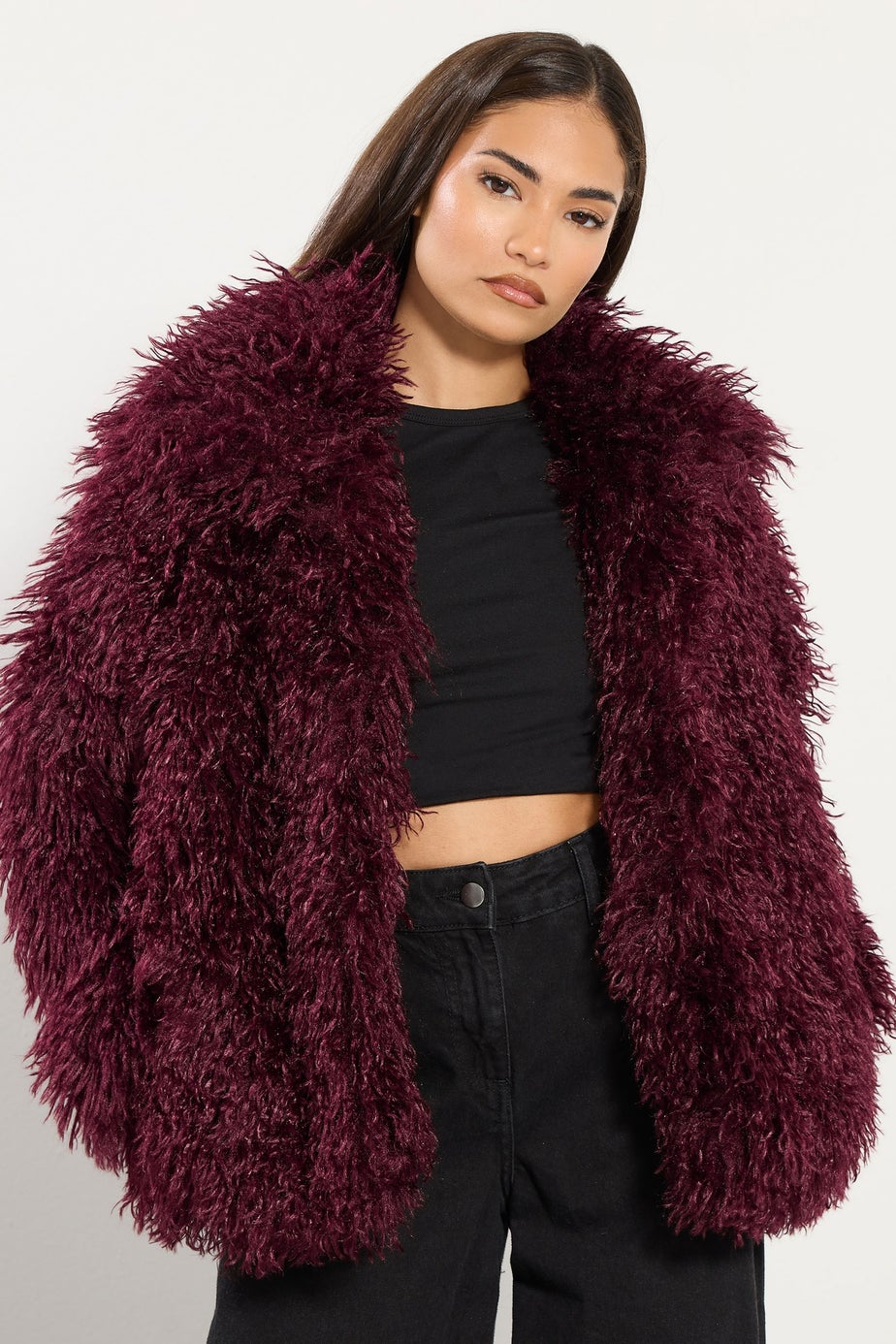 PixieGirl Petite Burgundy Red Mongolian Faux Fur Jacket