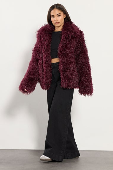 PixieGirl Petite Burgundy Red Mongolian Faux Fur Jacket