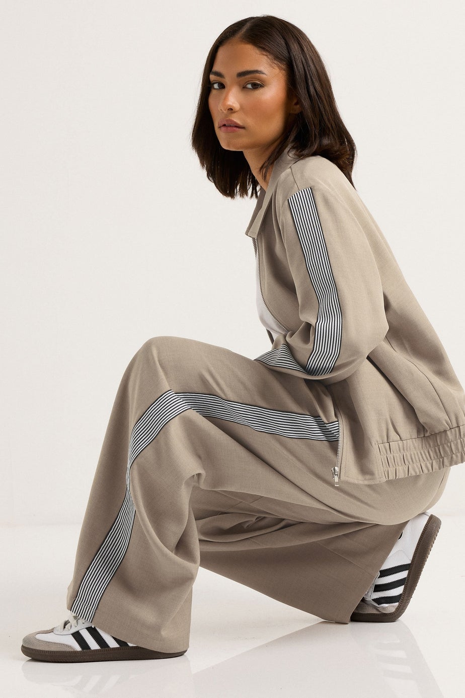 PixieGirl Petite Beige Brown Striped Collar Bomber Jacket