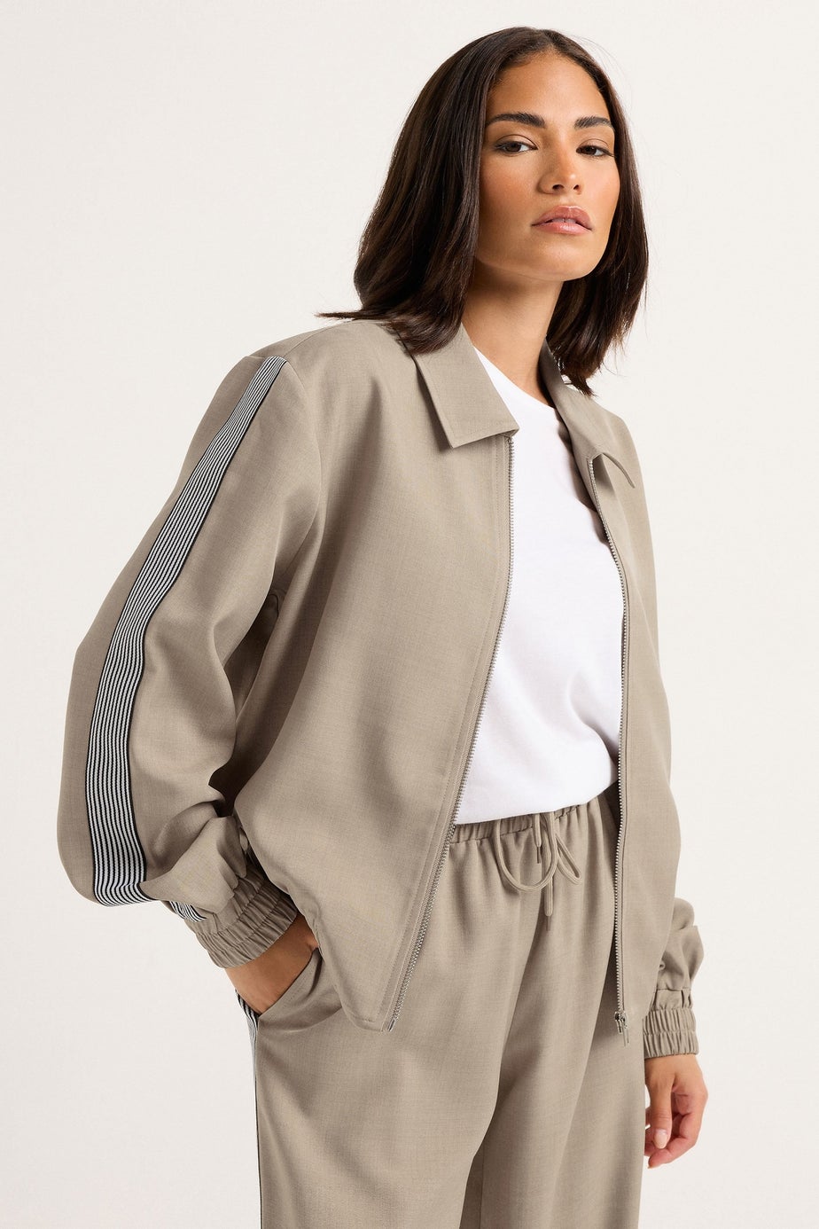 PixieGirl Petite Beige Brown Striped Collar Bomber Jacket