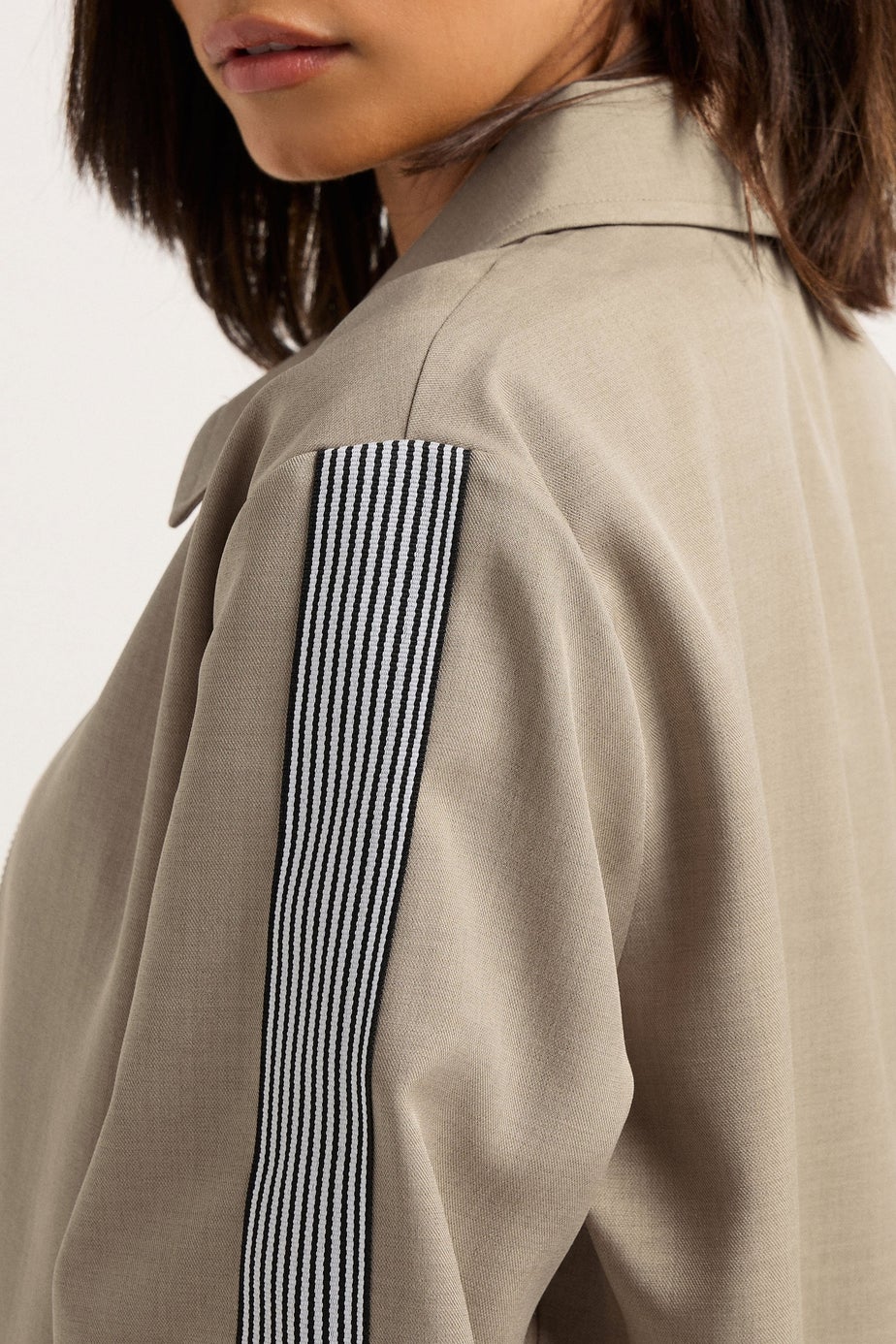 PixieGirl Petite Beige Brown Striped Collar Bomber Jacket