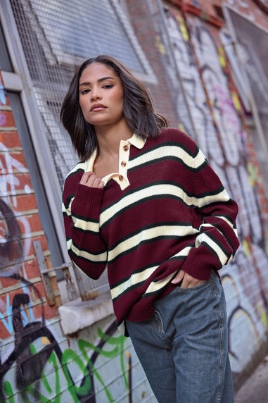 PixieGirl Petite Burgundy Red Stripe Rugby Jumper