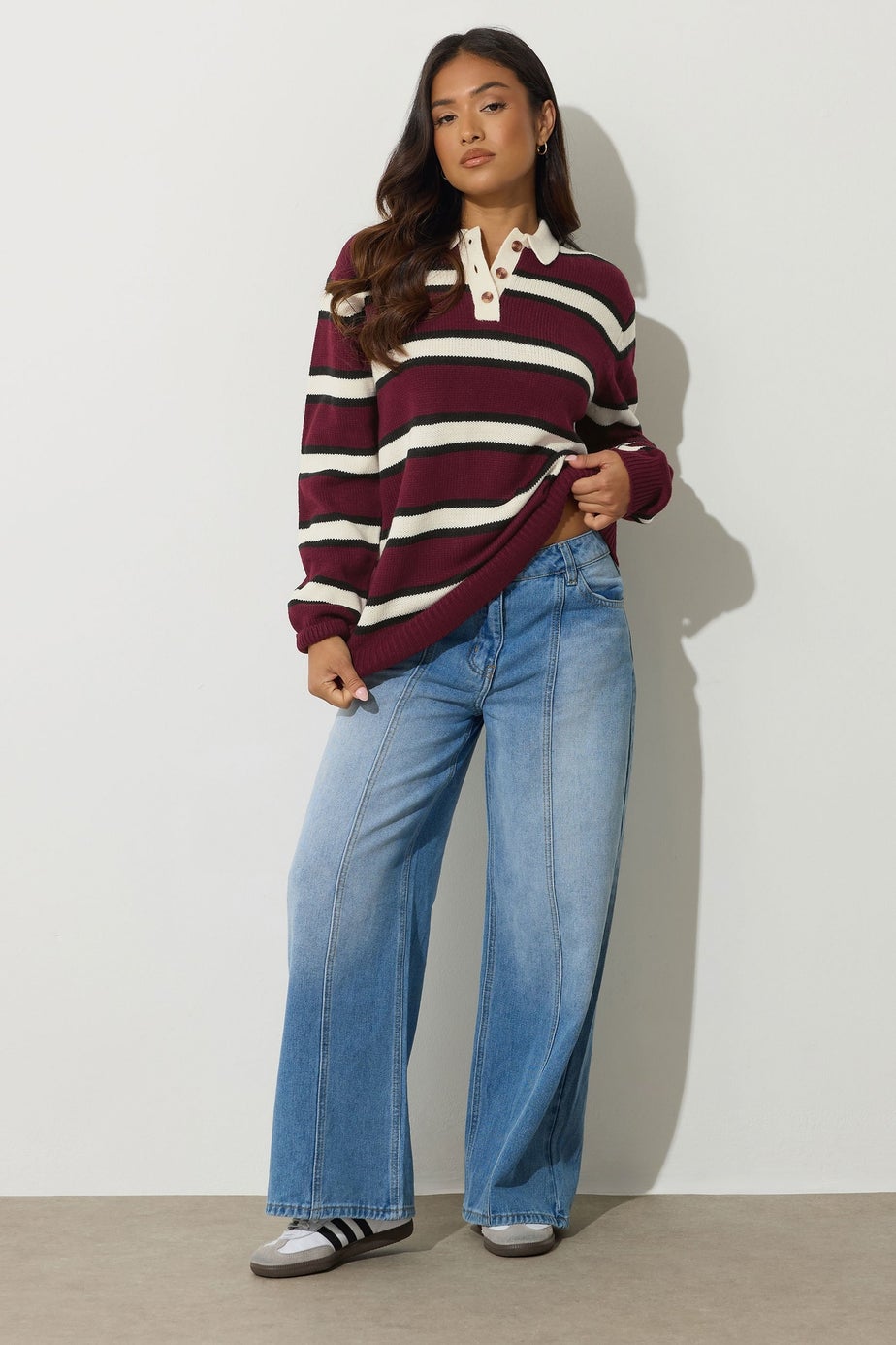 PixieGirl Petite Burgundy Red Stripe Rugby Jumper