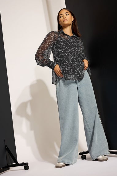 PixieGirl Petite Black Bow Peplum Chiffon Blouse