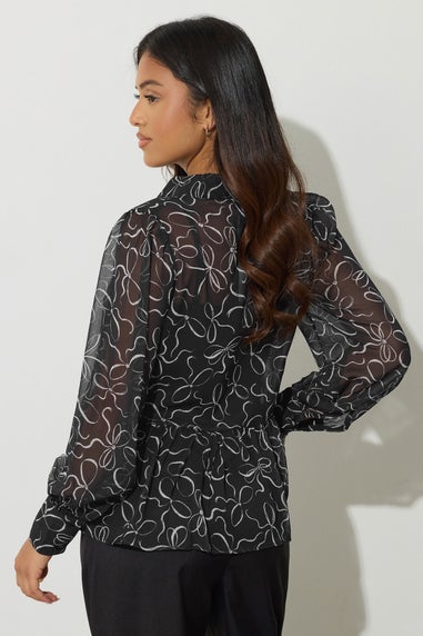 PixieGirl Petite Black Bow Peplum Chiffon Blouse