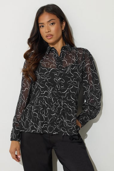 PixieGirl Petite Black Bow Peplum Chiffon Blouse