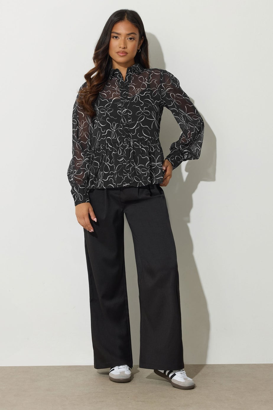 PixieGirl Petite Black Bow Peplum Chiffon Blouse