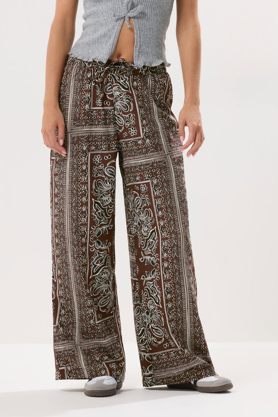 PixieGirl Petite Brown Paisley Tie Waist Trousers