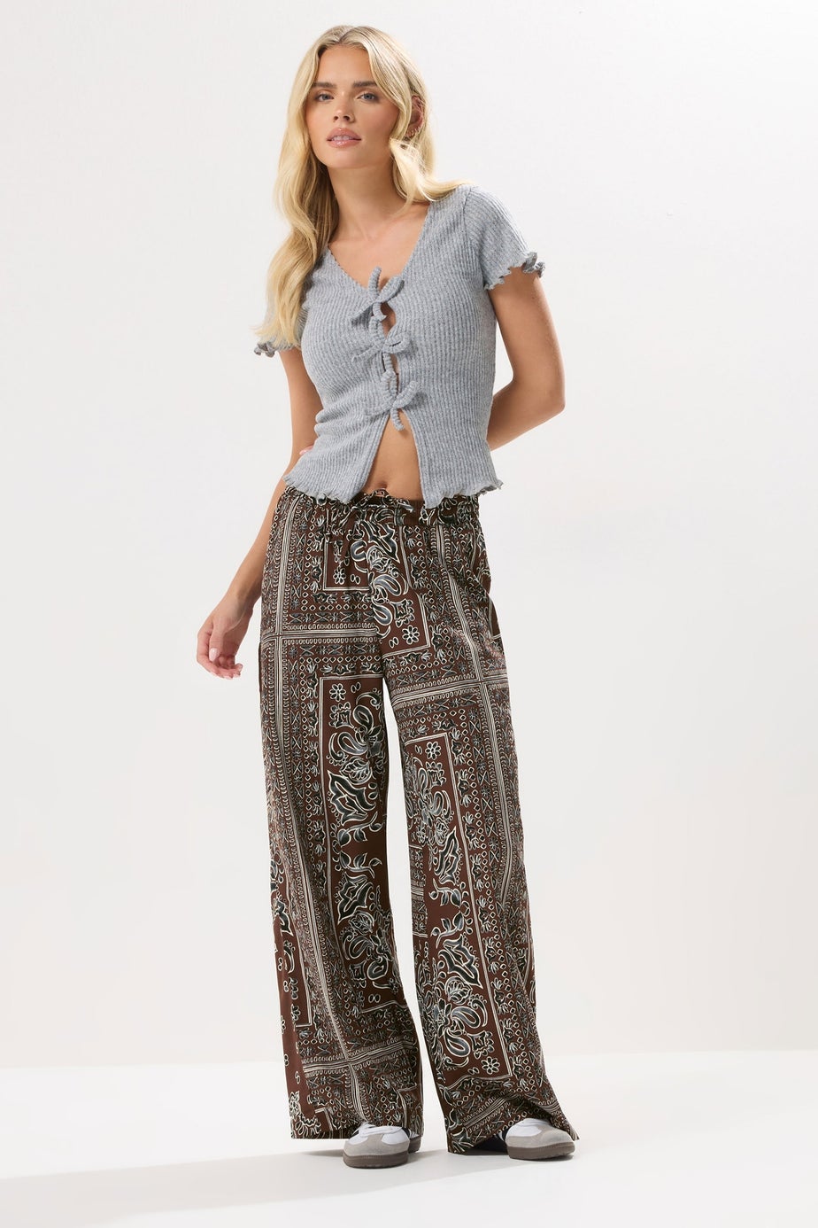 PixieGirl Petite Brown Paisley Tie Waist Trousers
