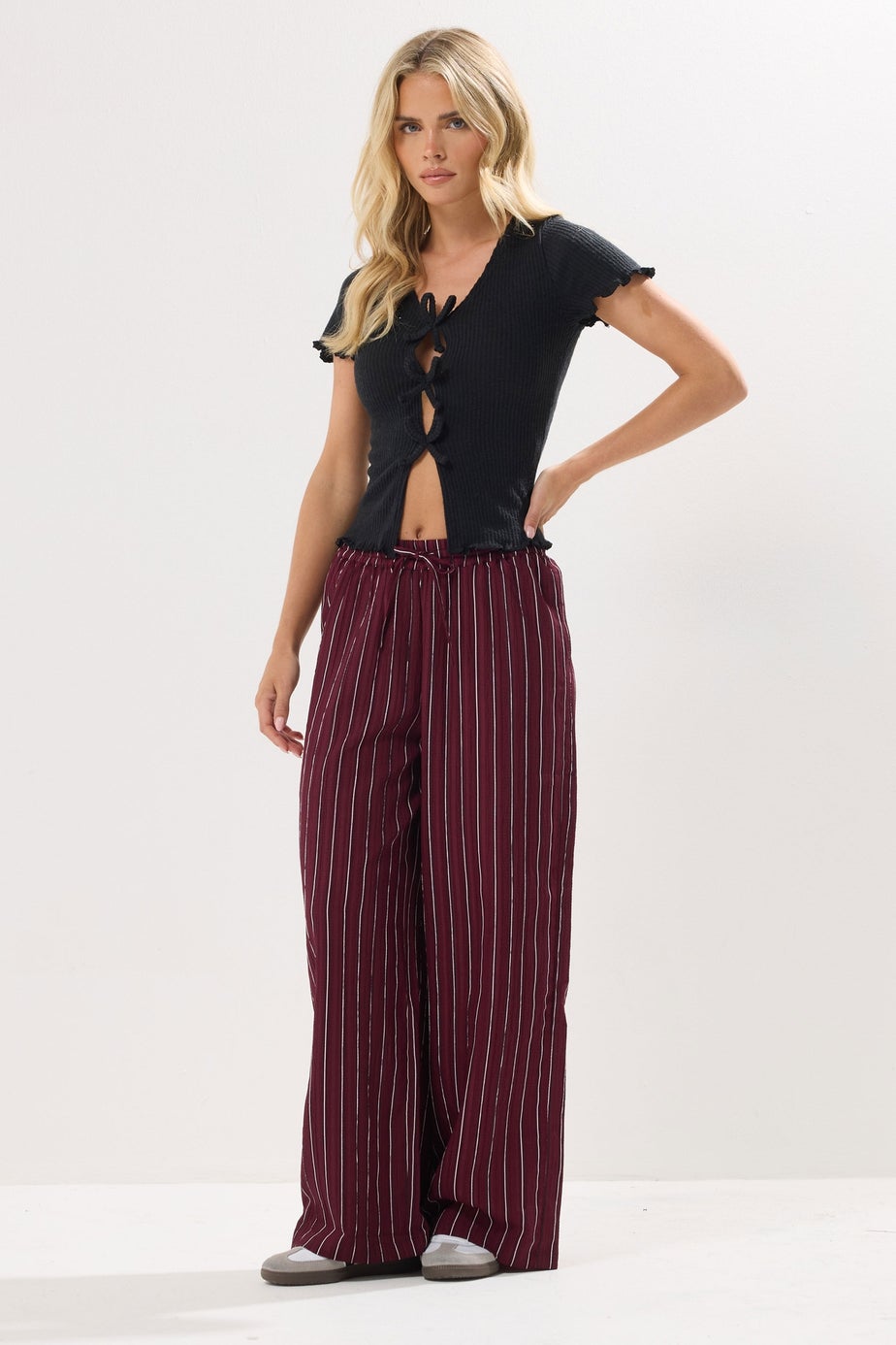 PixieGirl Petite Burgundy Red Striped Tie Waist Trousers