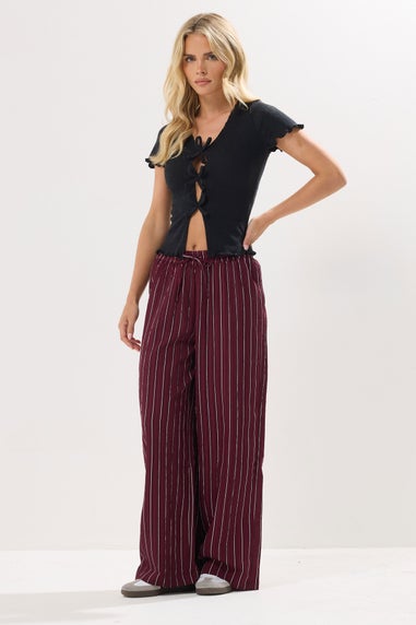 PixieGirl Petite Burgundy Red Striped Tie Waist Trousers