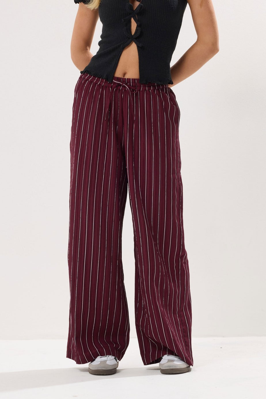 PixieGirl Petite Burgundy Red Striped Tie Waist Trousers