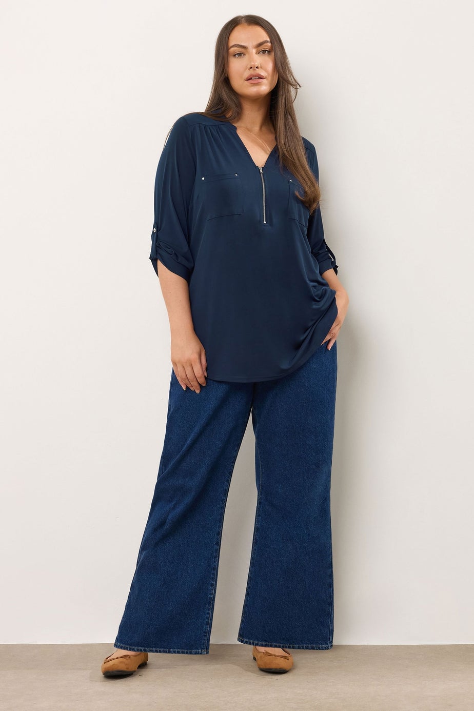 Evans Curve Navy Blue Zip Front Jersey Blouse