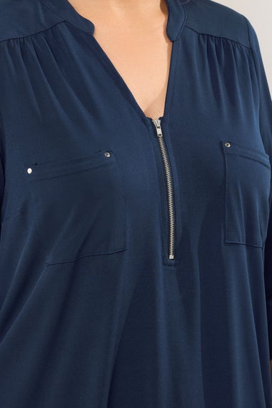Evans Curve Navy Blue Zip Front Jersey Blouse