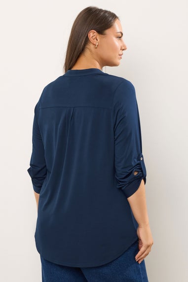Evans Curve Navy Blue Zip Front Jersey Blouse