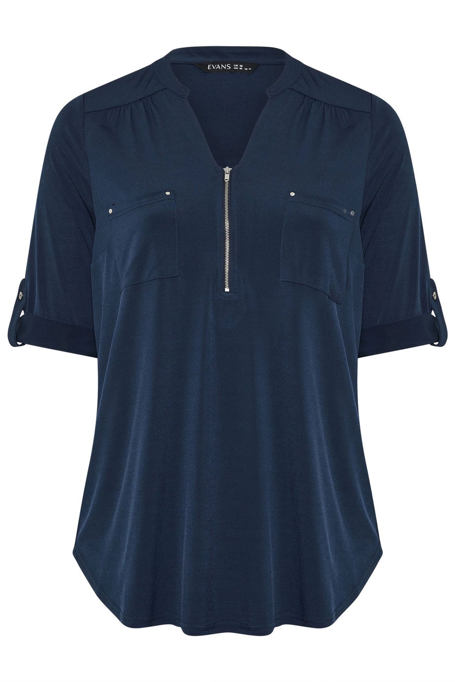 Evans Curve Navy Blue Zip Front Jersey Blouse