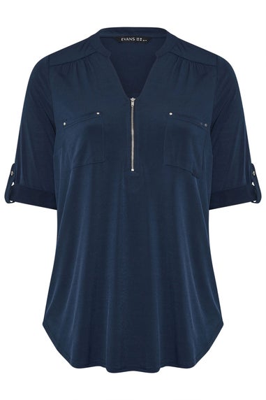 Evans Curve Navy Blue Zip Front Jersey Blouse
