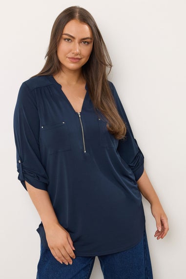 Evans Curve Navy Blue Zip Front Jersey Blouse