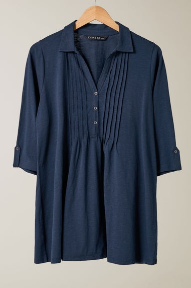 Evans Curve Navy Blue Pintuck Henley Top