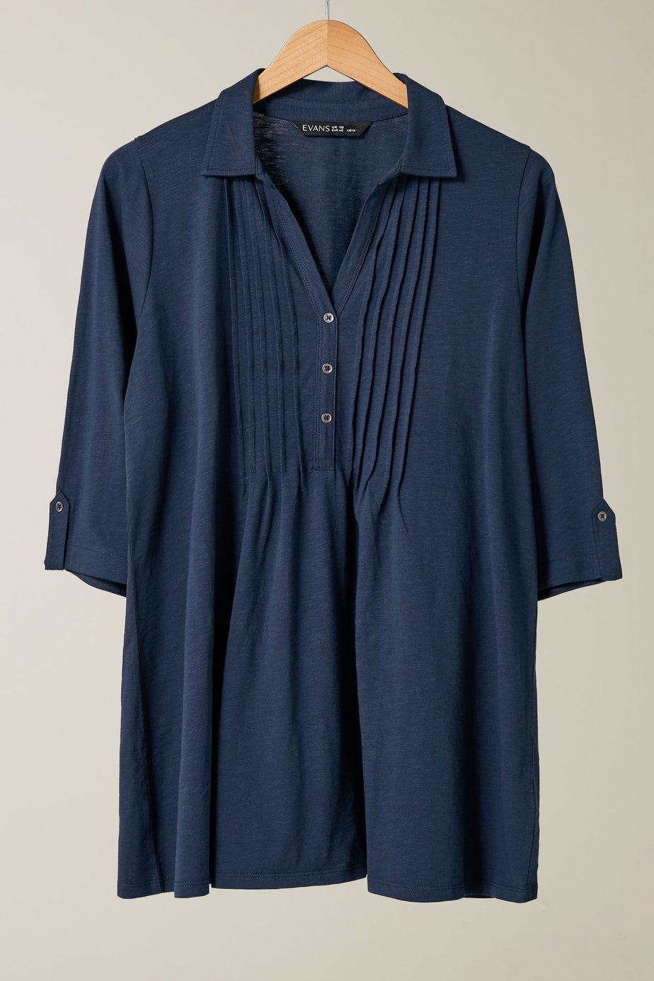 Evans Curve Navy Blue Pintuck Henley Top