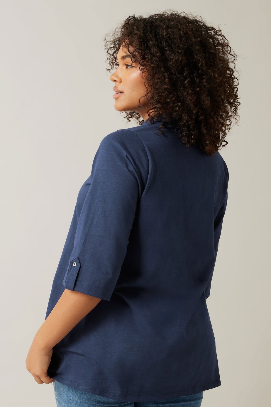 Evans Curve Navy Blue Pintuck Henley Top