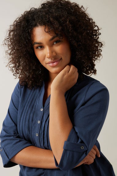 Evans Curve Navy Blue Pintuck Henley Top