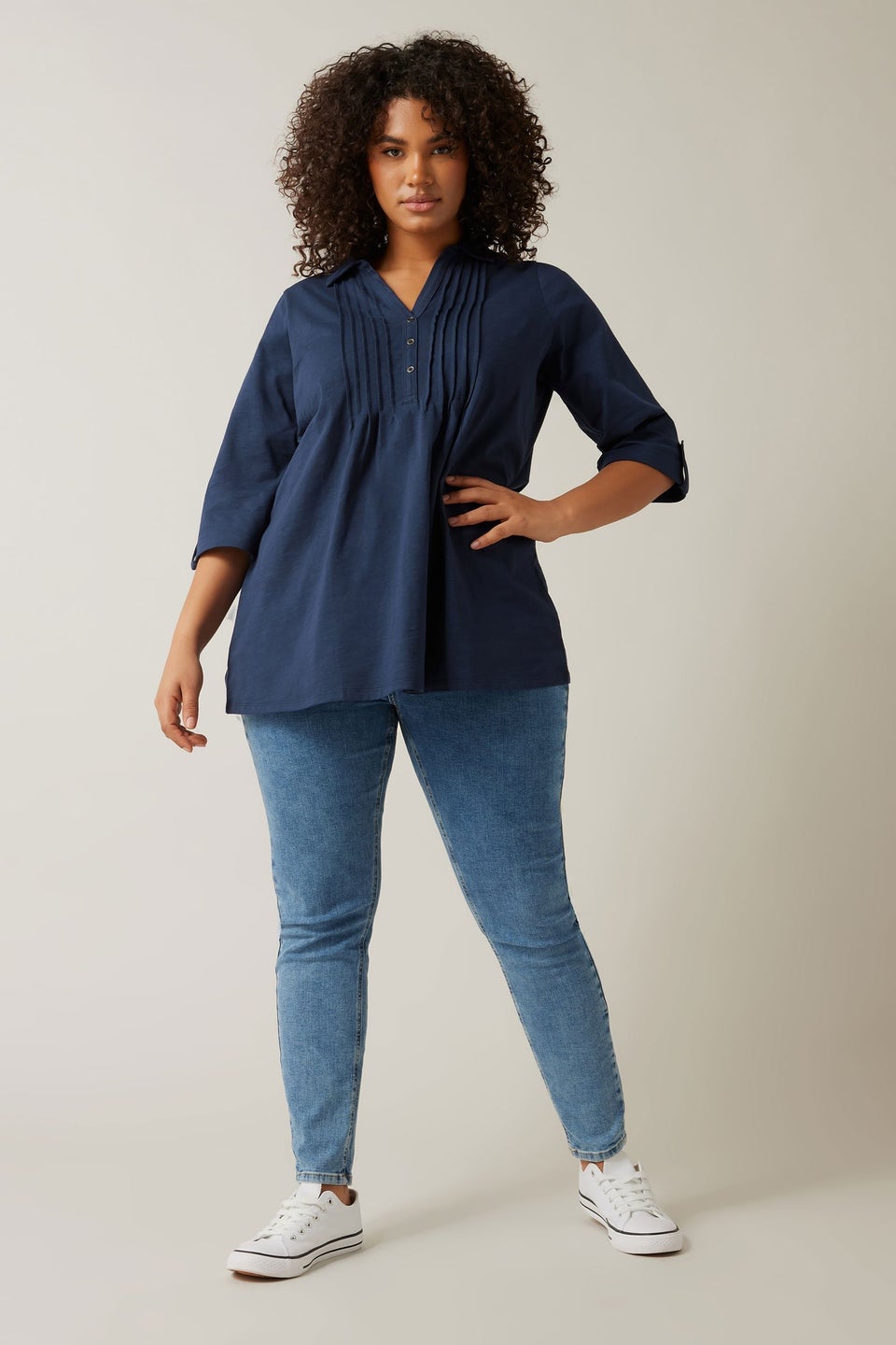 Evans Curve Navy Blue Pintuck Henley Top
