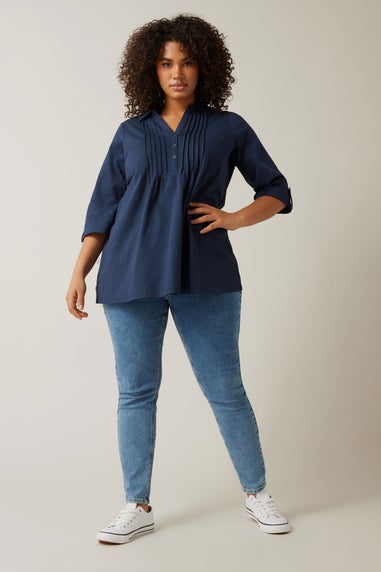 Evans Curve Navy Blue Pintuck Henley Top