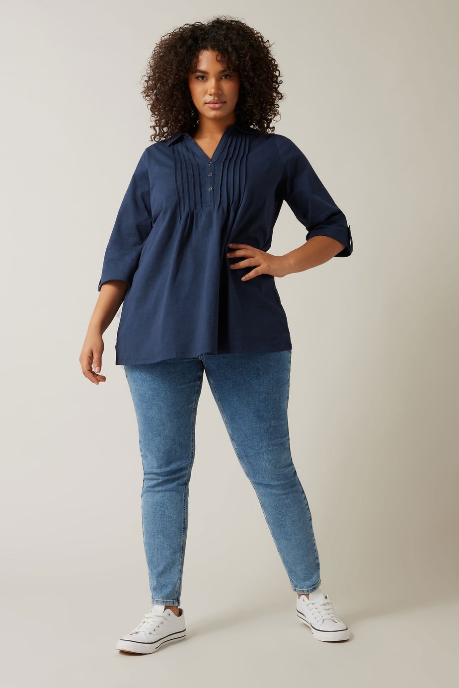 Evans Curve Navy Blue Pintuck Henley Top