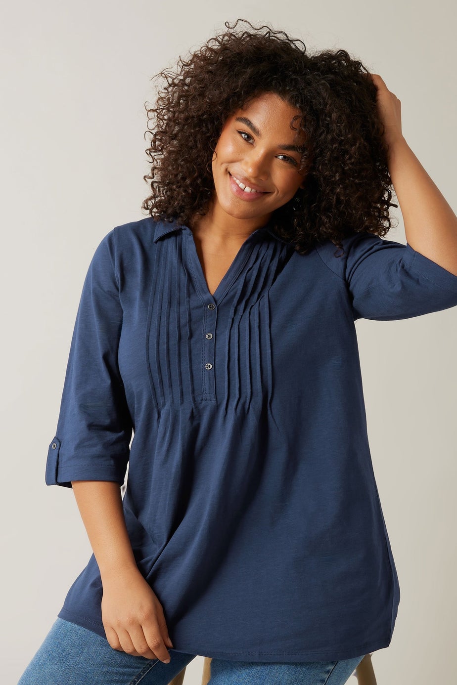 Evans Curve Navy Blue Pintuck Henley Top