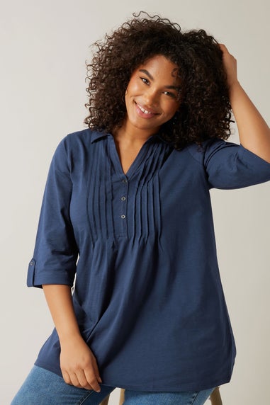 Evans Curve Navy Blue Pintuck Henley Top