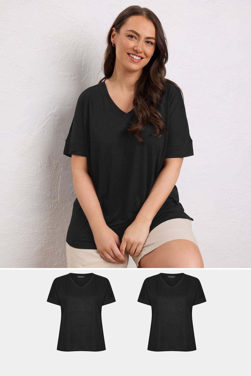 Evans Curve 2 Pack Black V-Neck Modal Rich T-Shirts