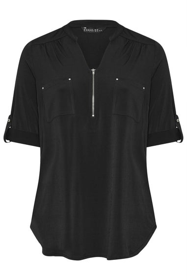 Evans Curve Black Zip Front Jersey Blouse