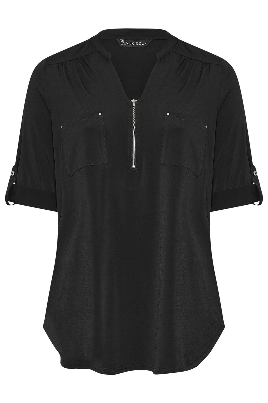 Evans Curve Black Zip Front Jersey Blouse
