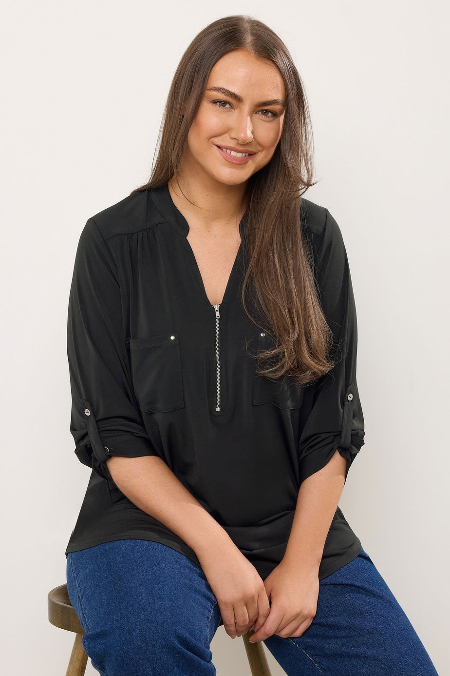 Evans Curve Black Zip Front Jersey Blouse